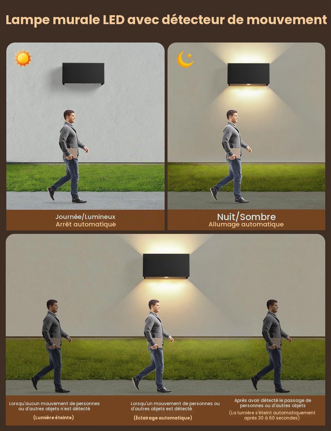 24W Applique Murale Extérieur avec Detecteur Mouvement, 3000K, 2400LM, IP66 | LED Applique Murale Intérieure Aluminium, Angle de Faisceau Réglable pour Terrasse Entrée Jardin Garage, Blanc Chaud