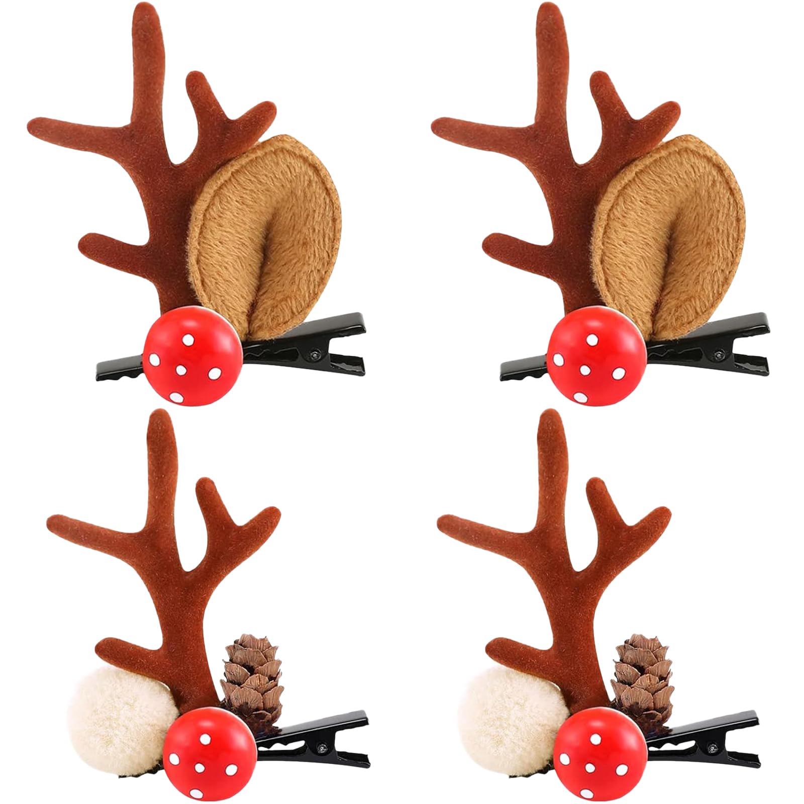 2 Paar Haarspangen Weihnachten, Rentier Haarspangens, Weihnachts Haarschmuck mit Geweih, Haarklammer Weihnachten Haarspangen Rentier, Haarschmuck Weihnachtens für Frauen Mädchen Kinder (B)