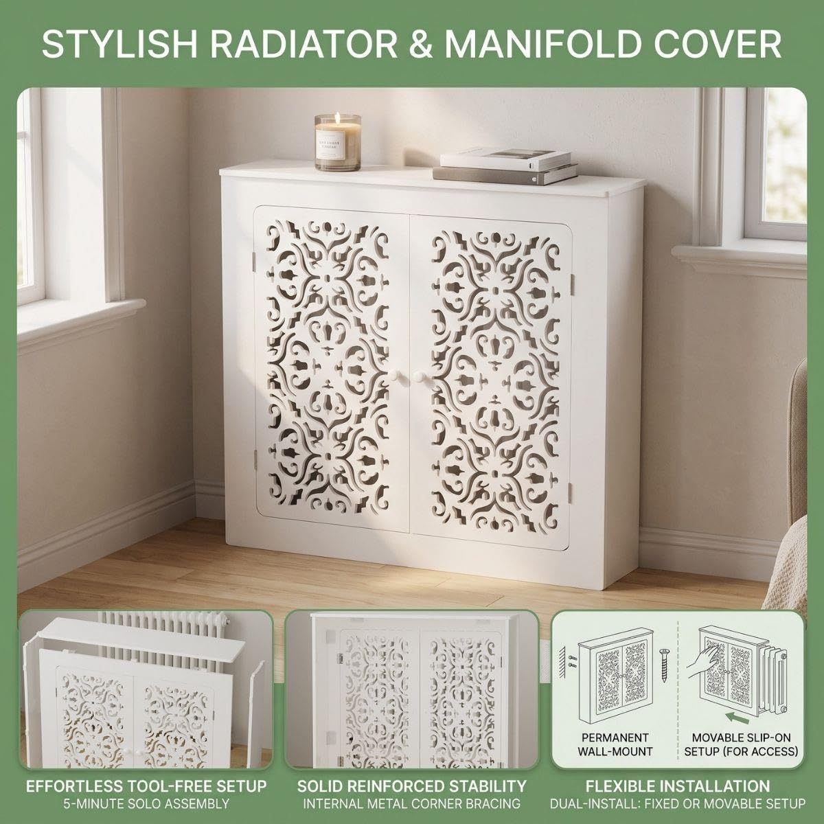 Cubre Radiadores Blanca, Cubierta de Radiador Decorativa con Doble Puerta