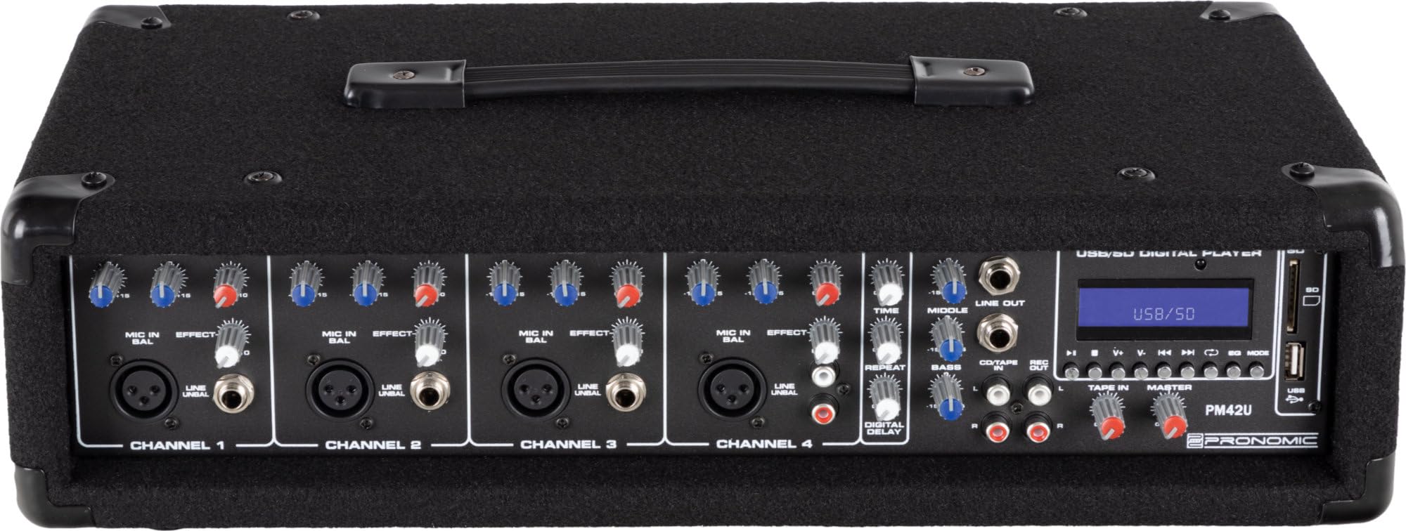 Pronomic PM42U MKII MP3 Powermixer, Entrée jack 6, 35 mm asymétrique | Entrée XLR symétrique pour micros dynamiques, Réglages d’effet et de niveau par canal, Time (140 - 342 ms) et Repeat, 5 x 13