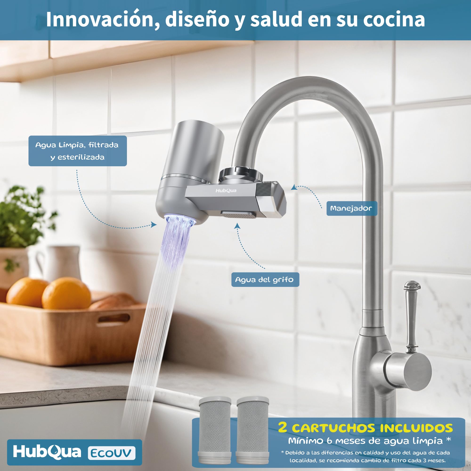 EcoUV - Filtro de Agua para Grifo Antical con Tecnología UV Bacteriostática Patentada con 2 Filtros Antical y Fibra de Carbono - Elimina Cal, Cloro, Bacterias