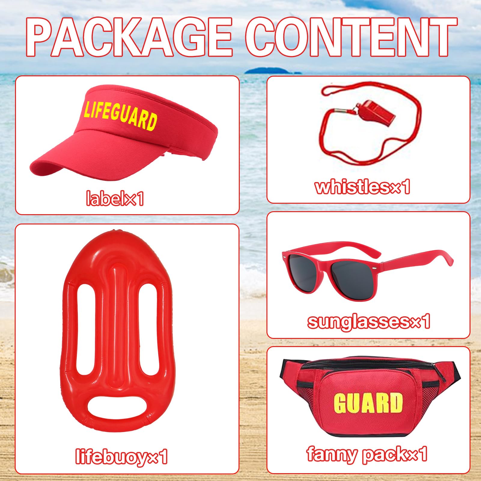 Amycute 5Pcs Lifeguard Costume Accessories Kit with Adjustable Sun Hat, Fanny Pack, Sunglasses - Image 2