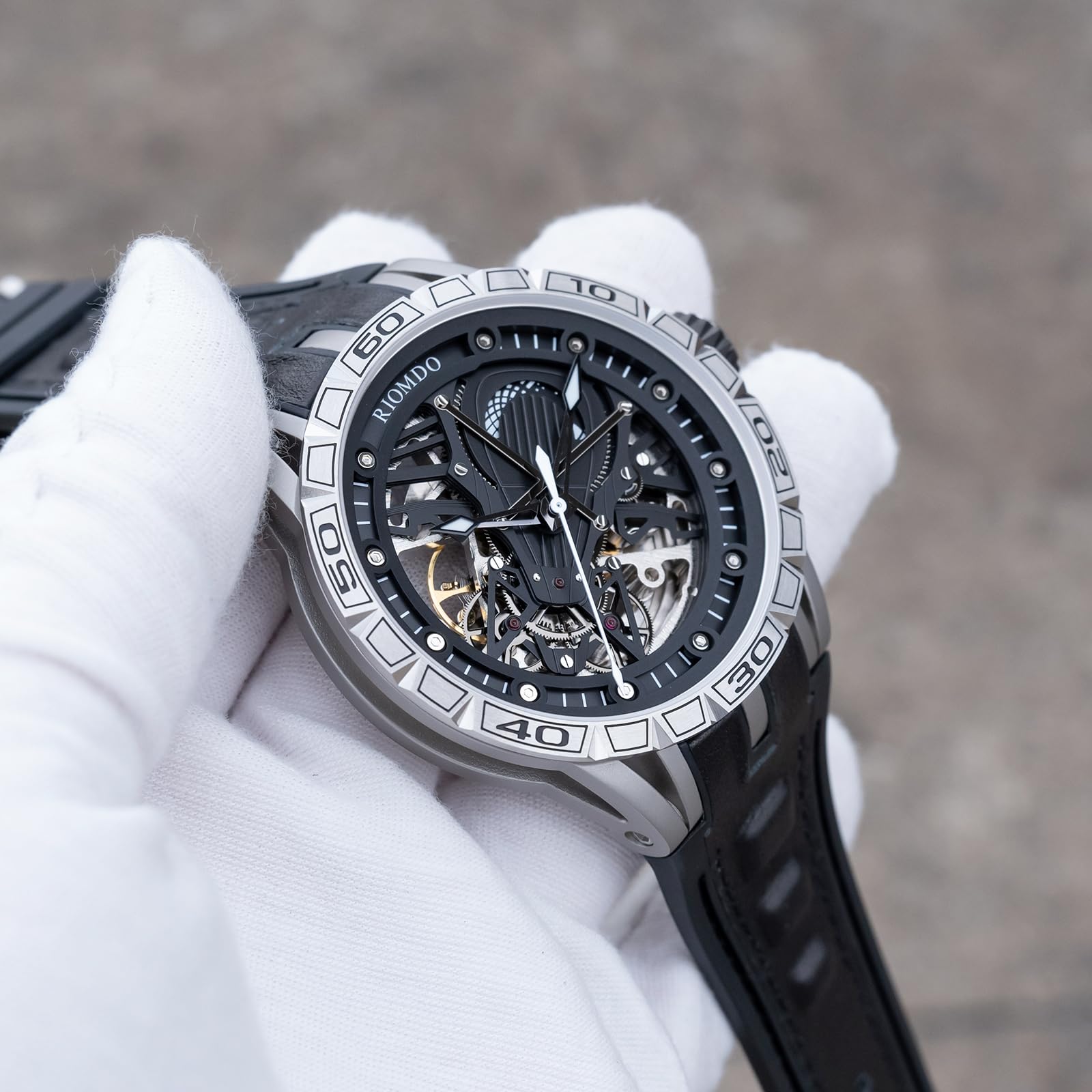 OBLVLO Orologio meccanico da uomo, con quadrante grande, analogico, impermeabile, cinturino in gomma, stile militare, RD-903