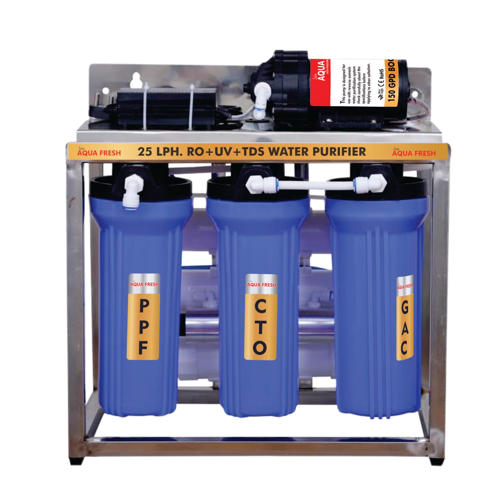 25 Lph Commercial RO Water Purifier (PPF+CTO+GAC) 25 Liters Per Hour, Stainless Steel Body, with Post Carbon, TDS Adjuster, High Pressure Single Pump, Fully Automatic, 1-Year Warranty (Blue)-image-9