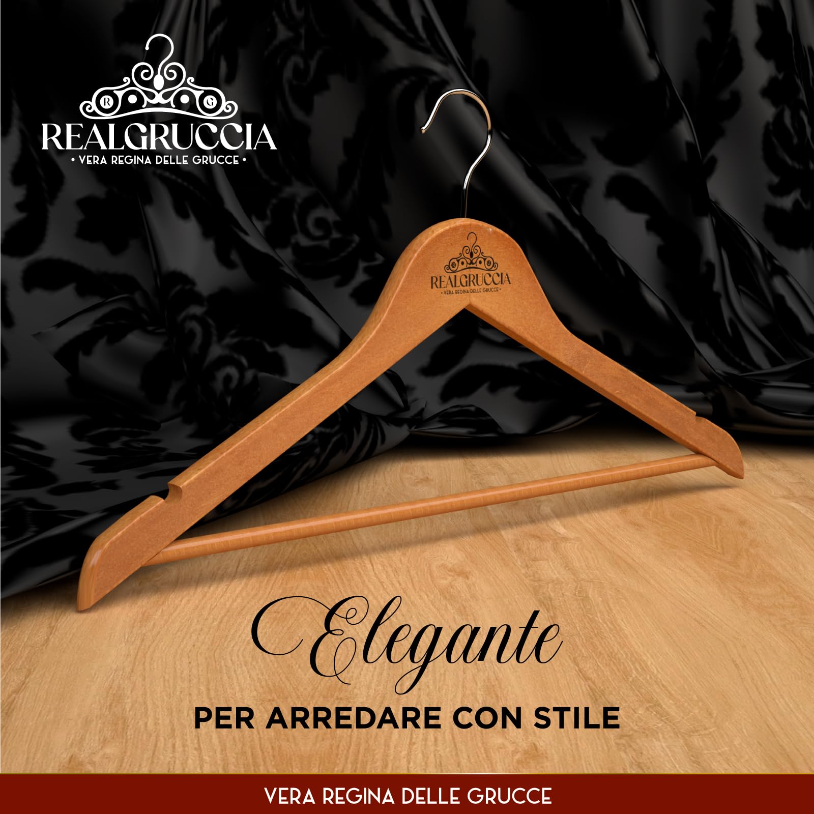 20 Grucce Legno Nero RealGruccia - Con Barra Pantaloni, Antiscivolo E Gancio Girevole 360&deg; | 22x45cm