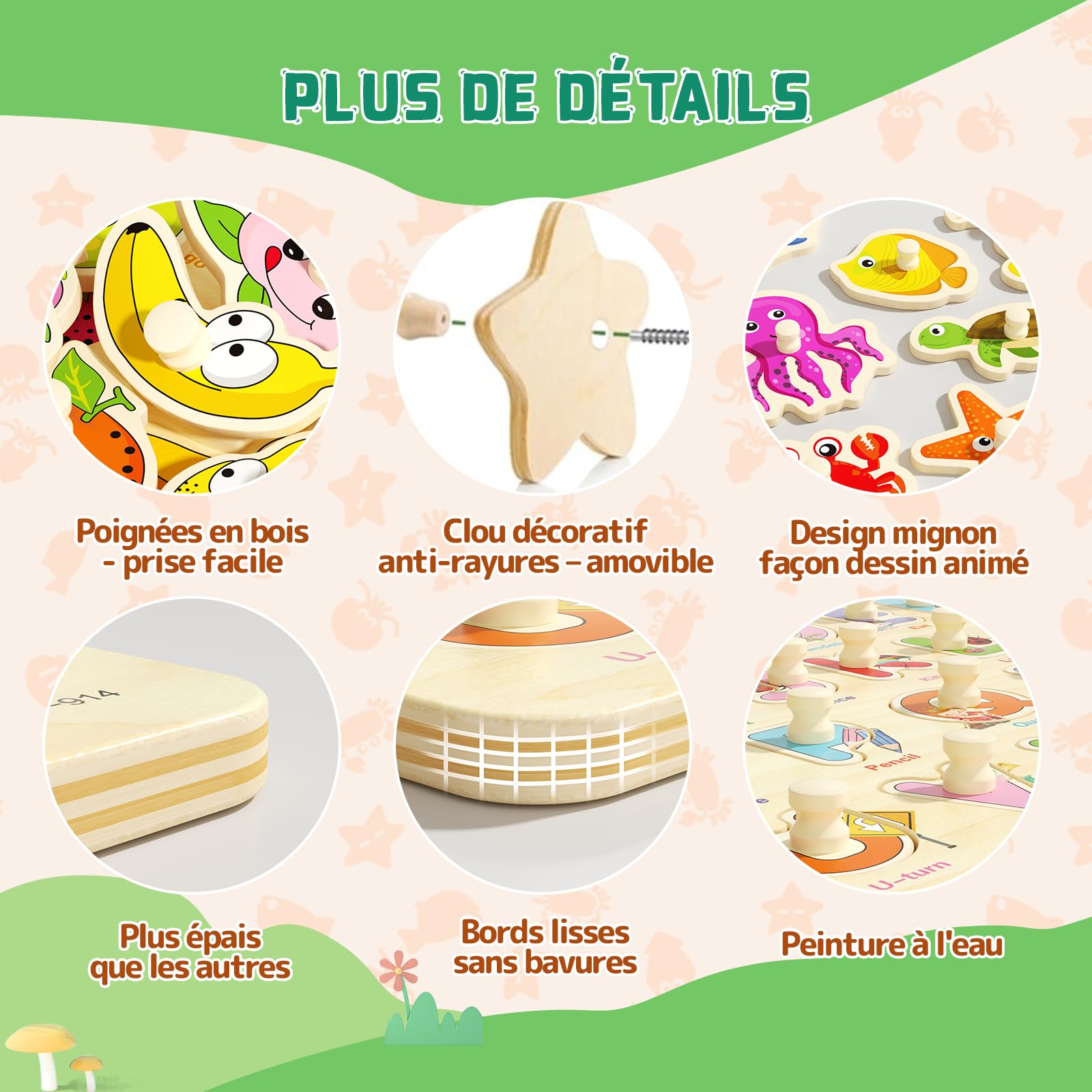 Puzzle Bois Enfant 2-4 Ans 6 Pièces Puzzle Animaux Montessori Jouet Educatif