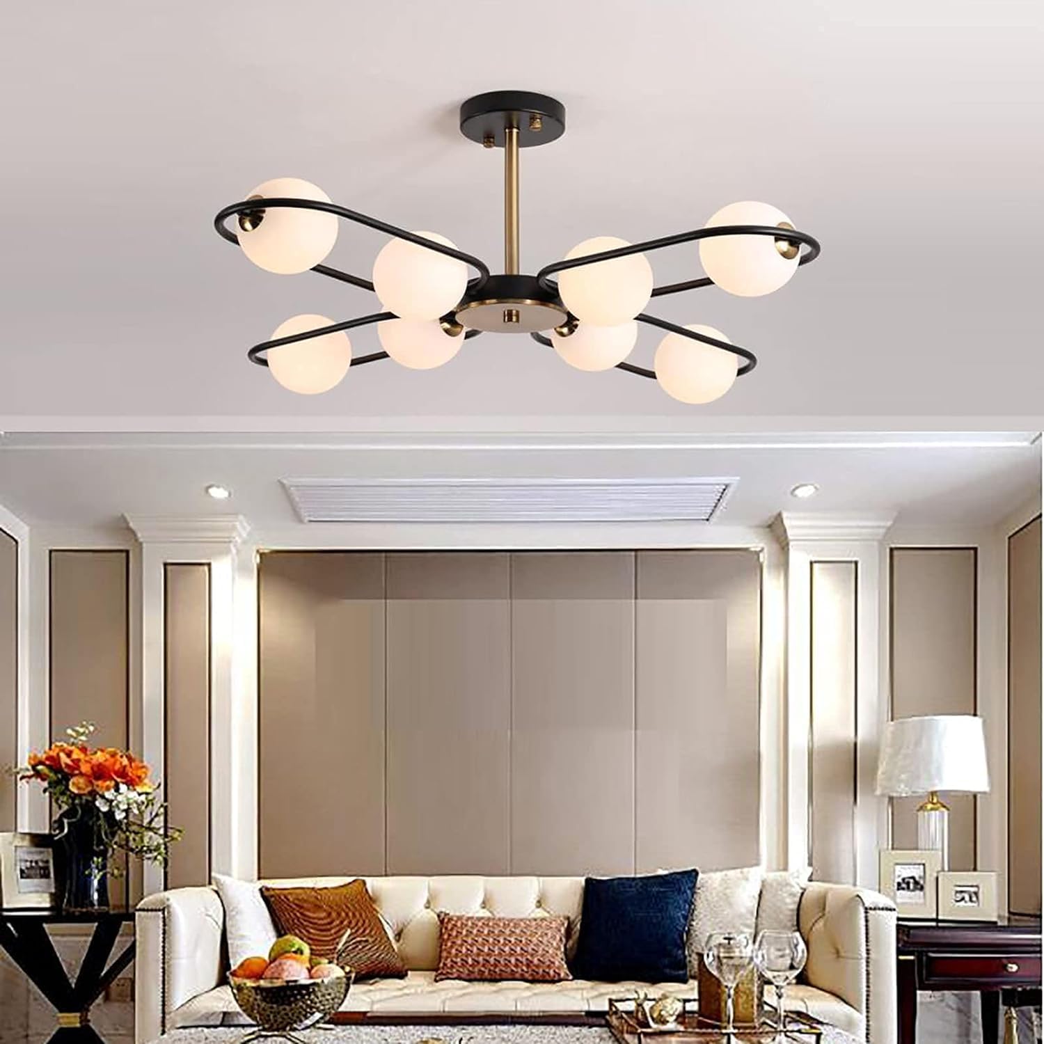 Nowoczesna lampa LED, elegancka klasyczna lampa sufitowa z 8 lampami z białymi kryształami w kształcie litery V, 80 x 65 cm