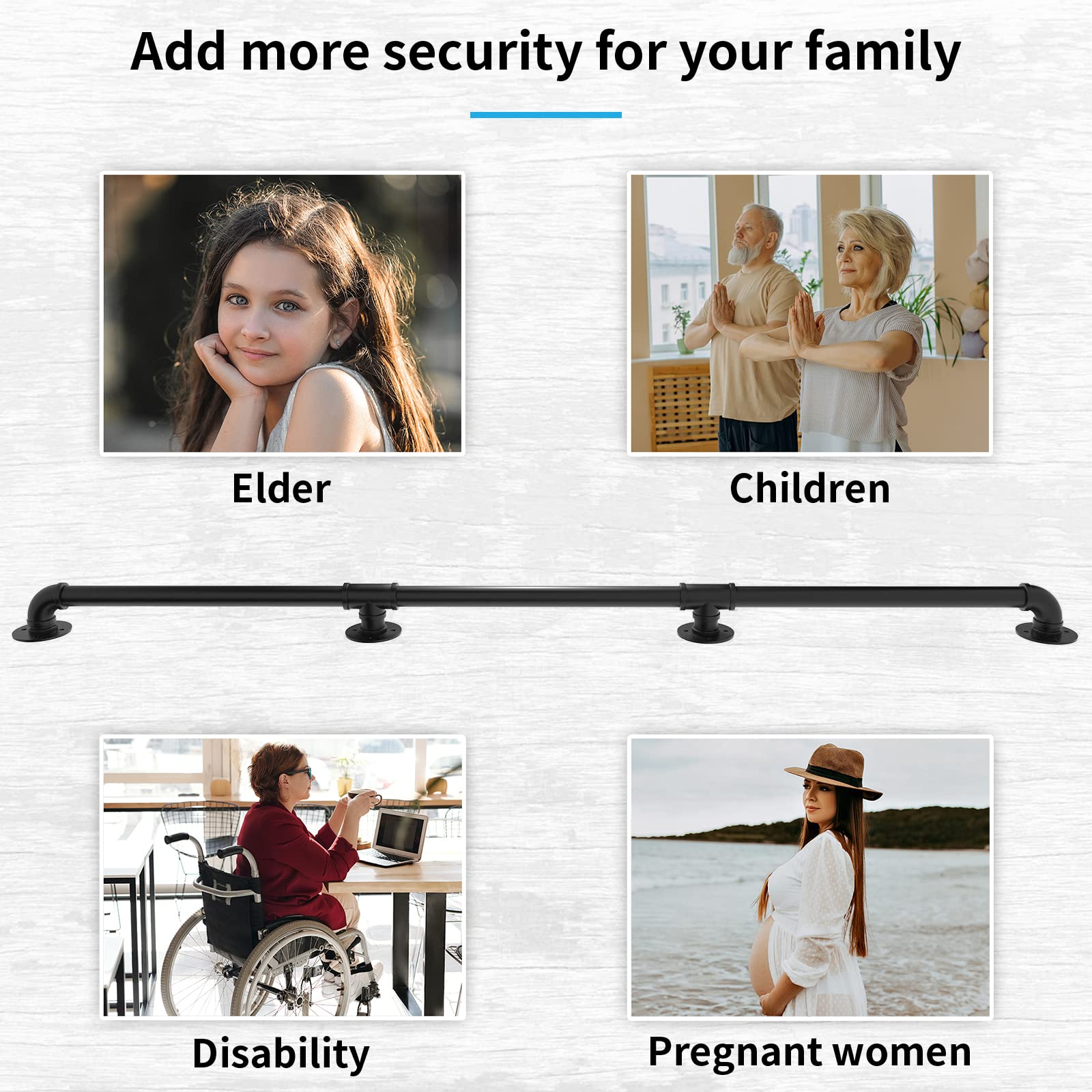 PNBO Wall Handrail 10FT/300CM,Industrial Staircase Railing 1.25 Inch Tube Diameter, Galvanized Pipe Handrail,Handrails for Indoor Stairs with Wall Mount Support,for Wall Mounted Stairway Handrail