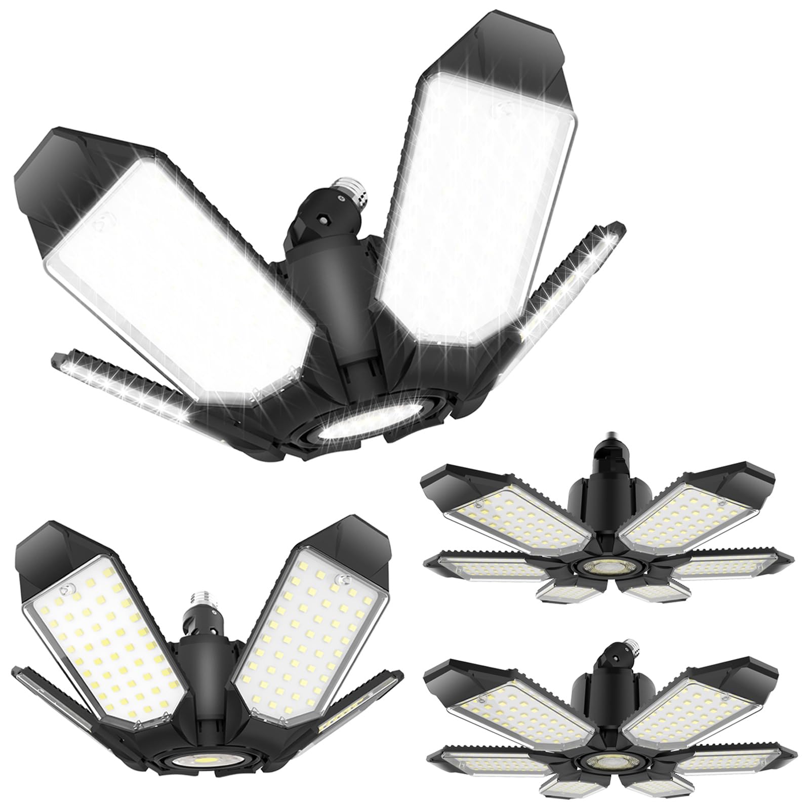 GHUSTAR 4-Pack LED Garage Light - 24000LM 6500K Deformable Ceiling Lights with Adjustable Panels for Garage, Workshop