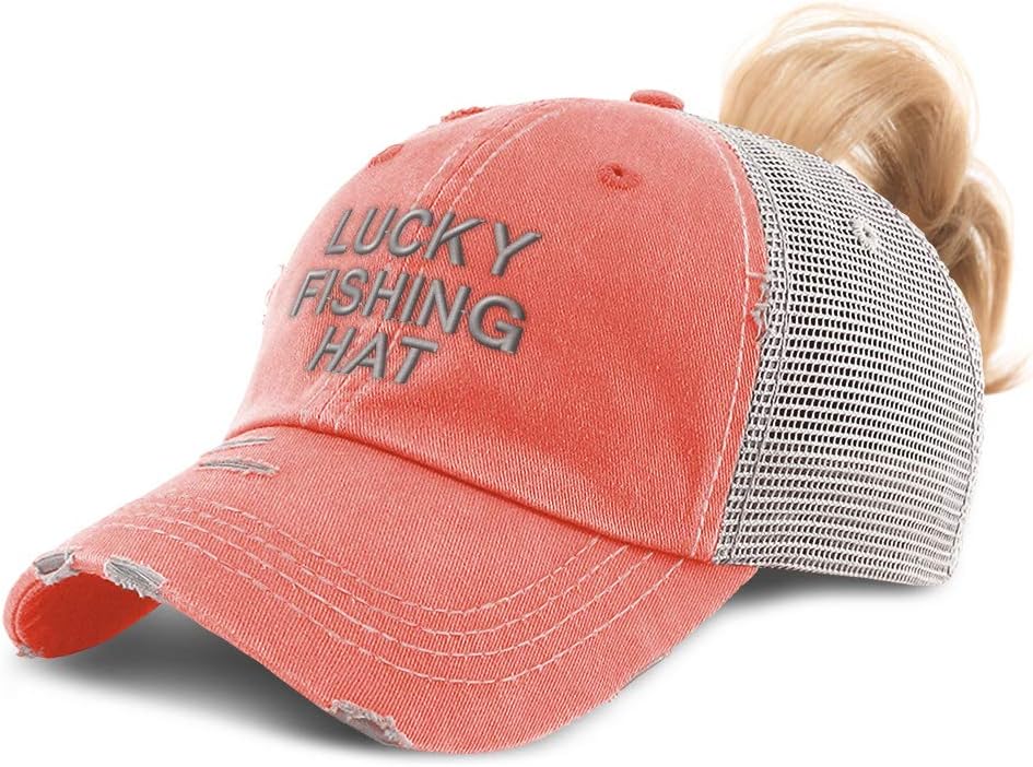 Speedy Pros Womens Ponytail Cap Lucky Fishing Hat Embroidery Cotton Distressed Trucker Hats