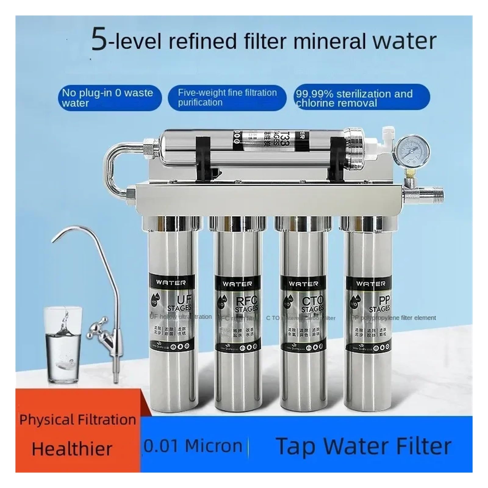Purificador de agua potable directo for el hogar, cocina de acero inoxidable, filtro de agua for grifo, filtro de agua de ultrafiltración Nivel 5 Con alta tasa de purificación