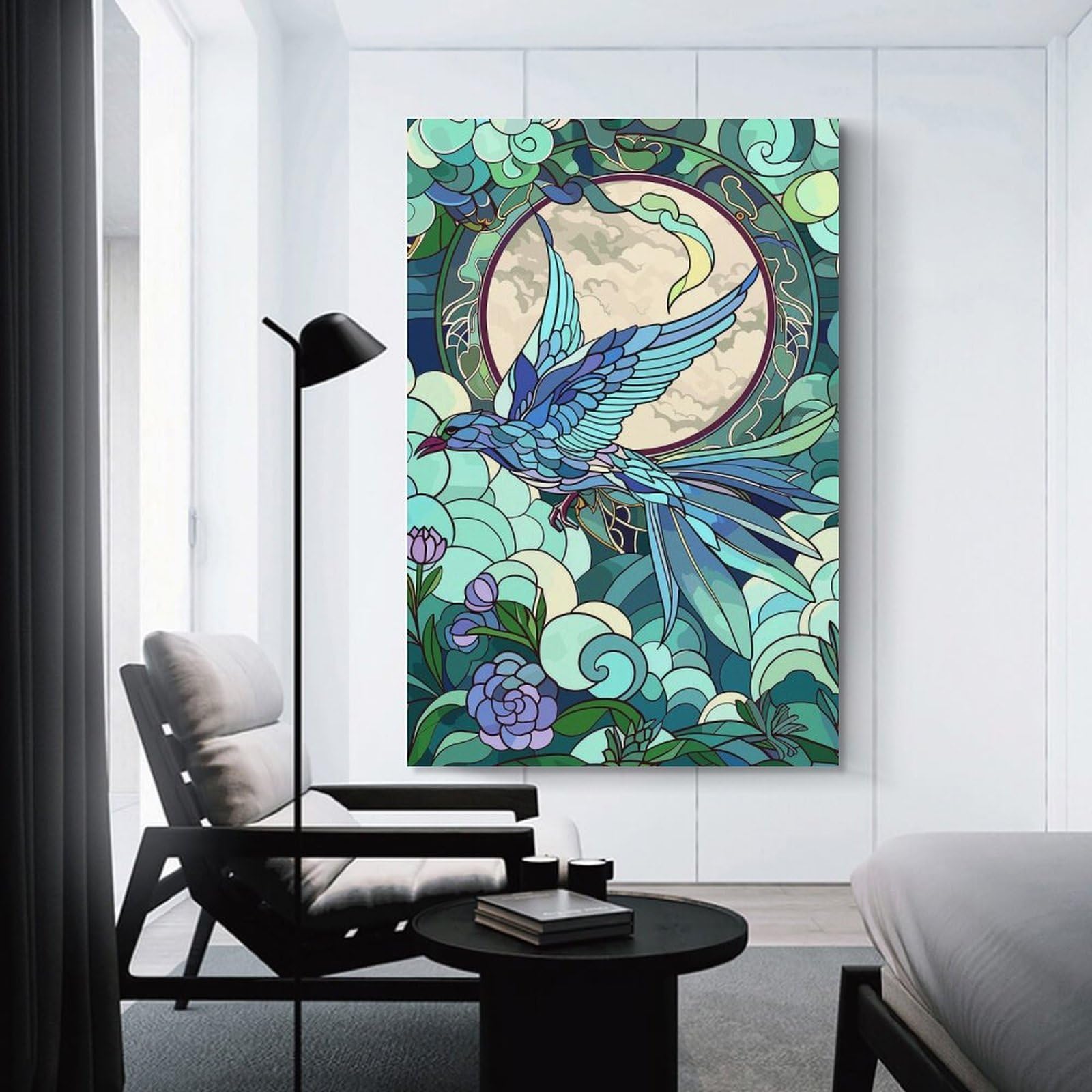 Junmoney Canvas Wall Art Blue Bird Flying in Front of Moon, 16x24inch(40x60cm), for Corridors, Hallways Or Apartment Entries, Decorative Canvas Styling for Entry Areas