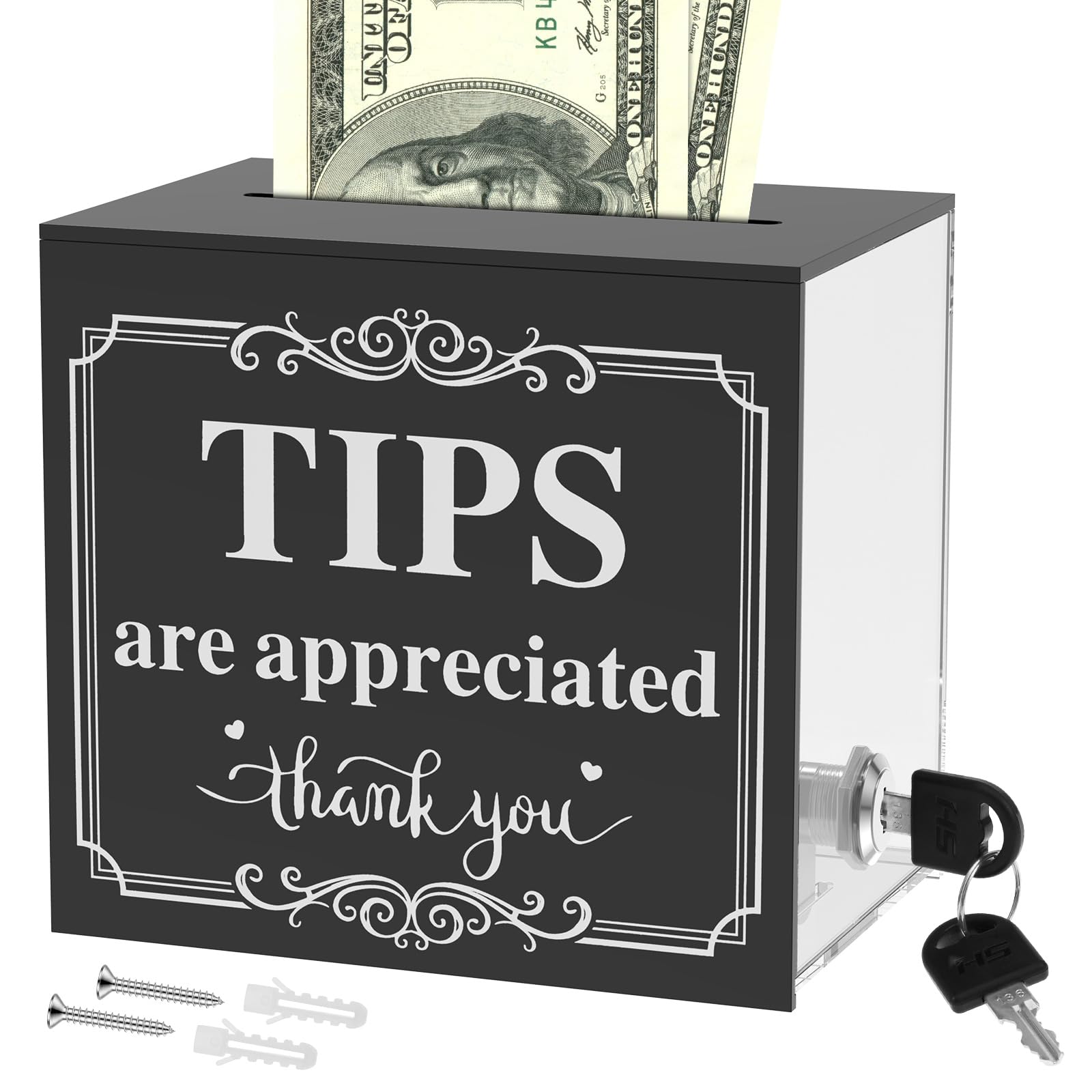 shaojian Tip Jar Acrylic Charity Donation Box 15x10x13.6cm, Black Clear Secure Cash Drop Box with Lock and Key, Wall-Mounted Money Storage Container for Cafe Restaurant Shop Bar Bartender