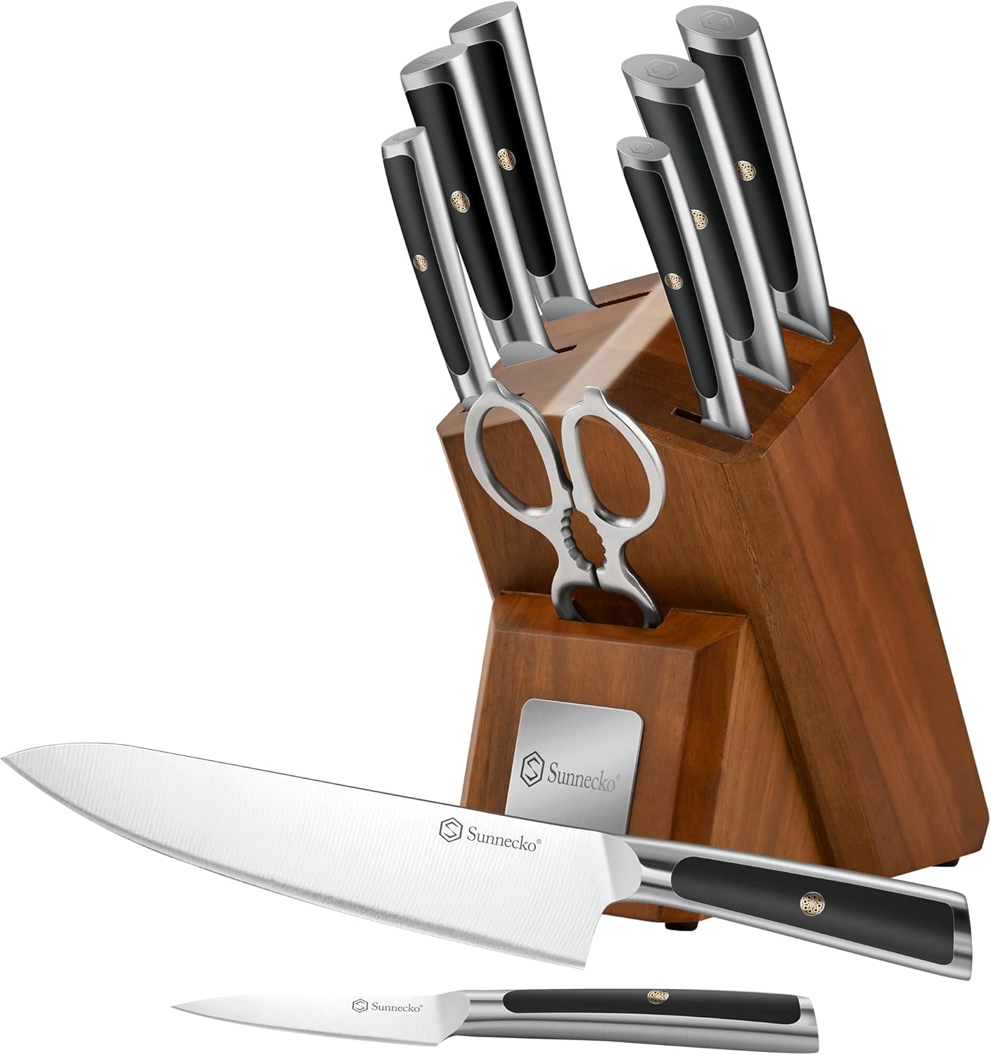 Sunnecko Knife Block Set of 8pcs - Kitchen Knife Set with High Carbon Stainless Steel 1.4116 Knife Sets for Kitchen with Block - Chef Knife with Ergonomic Handle Black Knife Set