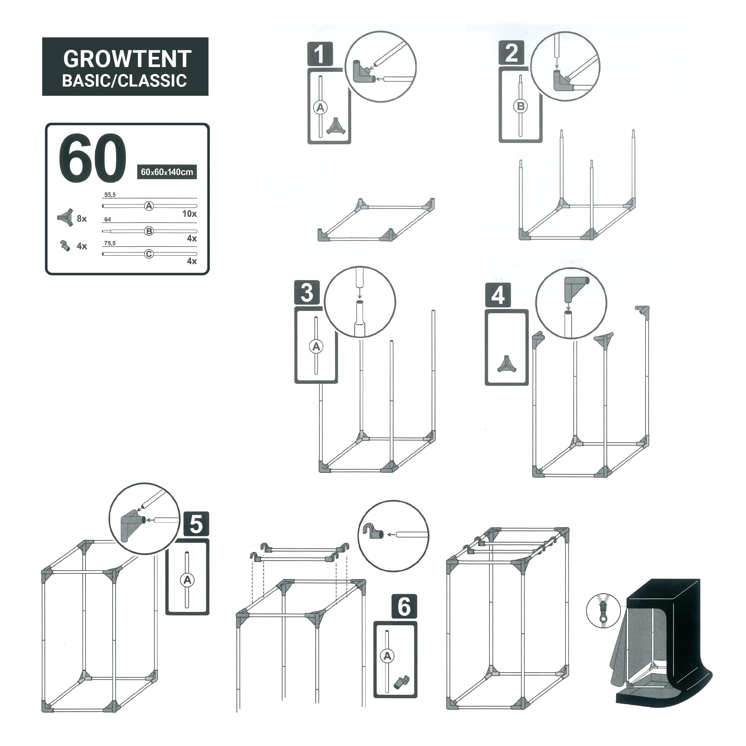 Armario de Cultivo Interior - Paredes Reflectantes 99% Mylar - Invernadero para Plantas - Impermeable y Desmontable - Tejido Nylon Resistente… (Negro, 60 cm X 60 cm X 140 cm)