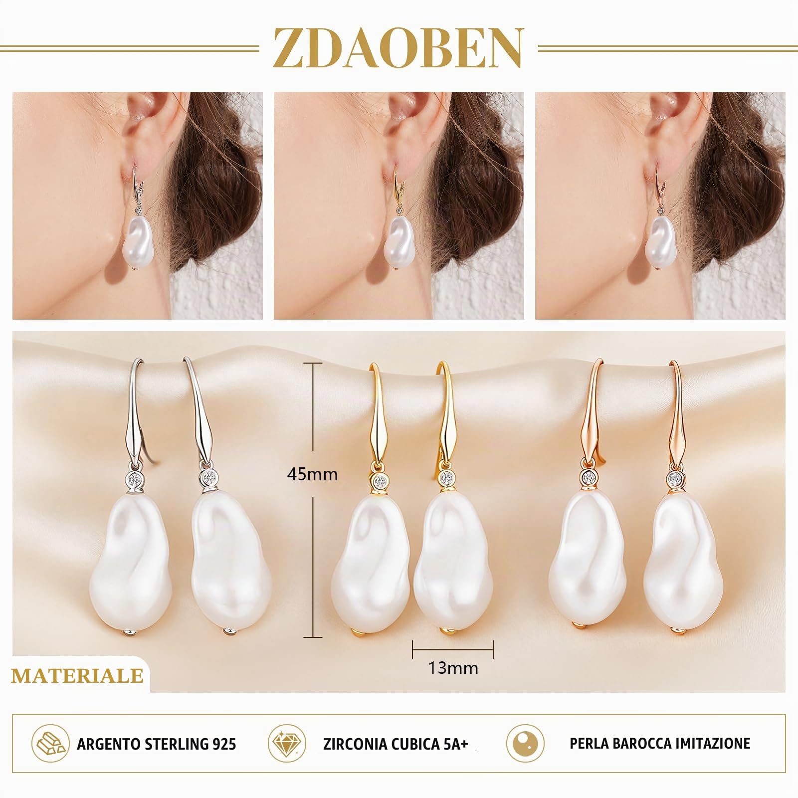Orecchini Perle Barocche in Argento Sterling 925 Leverback Perle Simulate Orecchini Pendenti Orecchini Perla Gioielli Regali per Donne