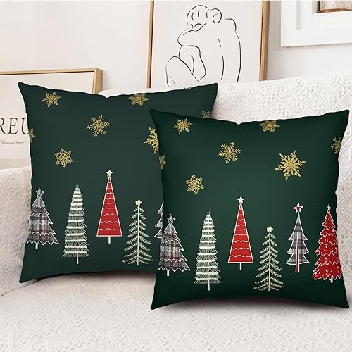 Miniatura 7 de Juego de 2 fundas de almohada de árbol de Navidad de 16 x 16 pulgadas, color verde oscuro, juego de 2 fundas de almohada cuadradas de copo de nieve