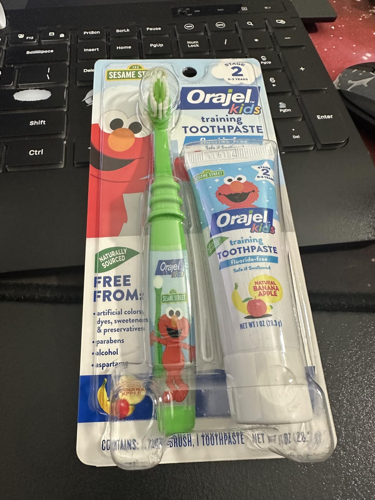 Orajel Elmo Fluoride-Free Tooth & Gum Cleanser with Toothbrush, Combo Pack, Banana Apple Flavored Non-Fluoride, 2 Piece Set