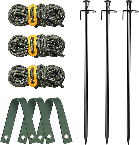 Juego de estacas para árbol de acero resistente de 15.8 pulgadas para apoyar árboles contra viento fuerte, con 3 correas y cuerda (13.12 pies)