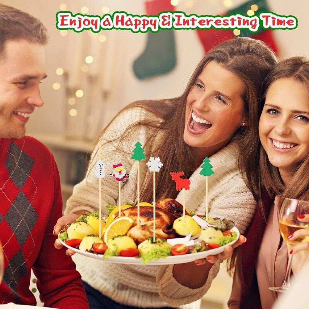 Luxylei 100 Pezzi Stuzzicadenti Cocktail di Natale Babbo Natale Fiocco di Neve Pupazzo di Neve Albero di Natale Alce Frutta Stuzzicadenti di bambù per Bevande Dessert Alimenti Antipasti