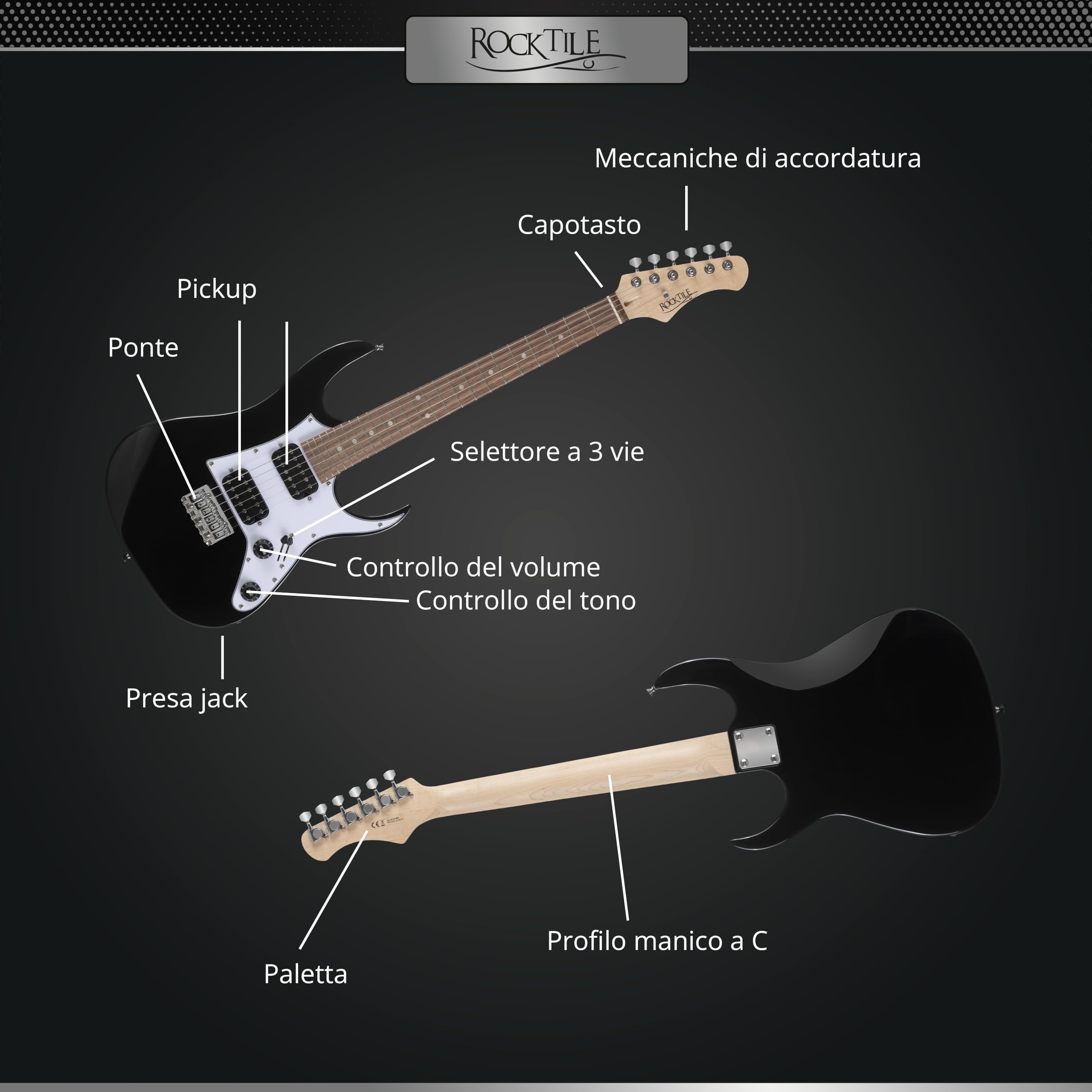 Rocktile Youngster YS-1BK 3/4 Chitarra Elettrica Nera, Generale, Peso: 2 | Modello: YS-1BK, Adatta indicativamente dai 6 ai 12 anni, 7 kg, Numero di corde: 6, Orientamento: Destrimano, Corpo, Manico