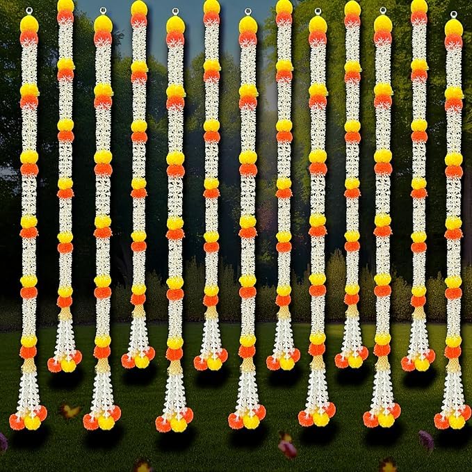 Image of iHandikart Decorative Artificial Flower Strings, Pack of 4 White & Yellow Garlands for Door, Wedding, Diwali, Pooja Room & Festival Decoration Size (58 Inch)