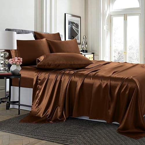 Miniatura 9 de TREELY Juego de sábanas de satén de 6 piezas de tamaño King con bolsillo profundo, sábana bajera de satén, sábana encimera, 4 fundas de almohada de