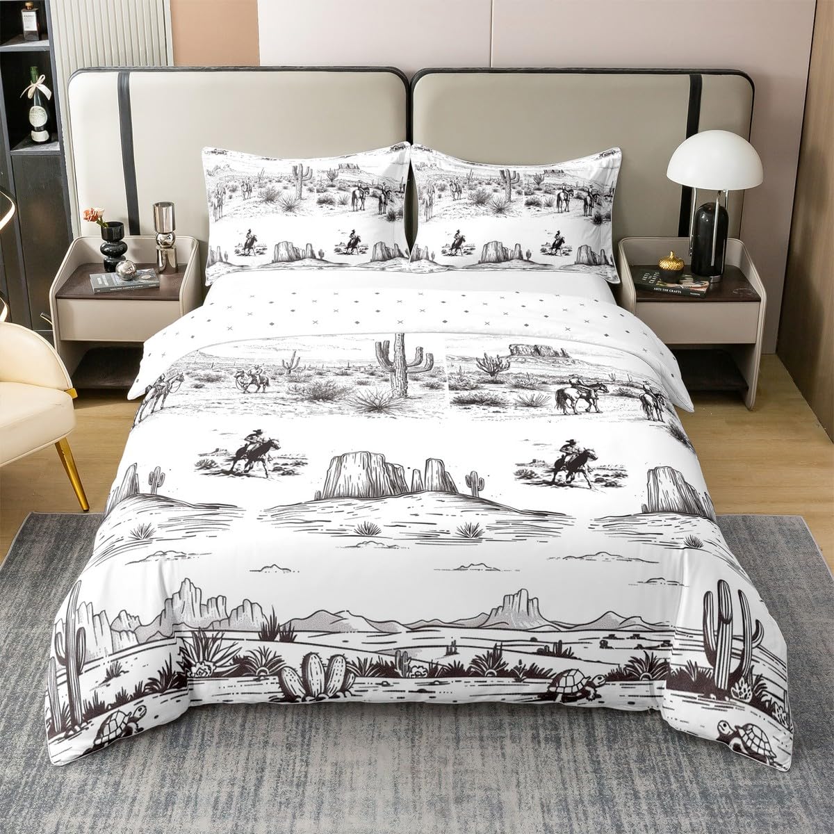 Manfei Western Adventure 100% Nature Cotton Duvet Cover Full,Retro Cowboy Horse Outdoor Camping Super Soft Bedding Set,Hand Drawn Cactus Tropical