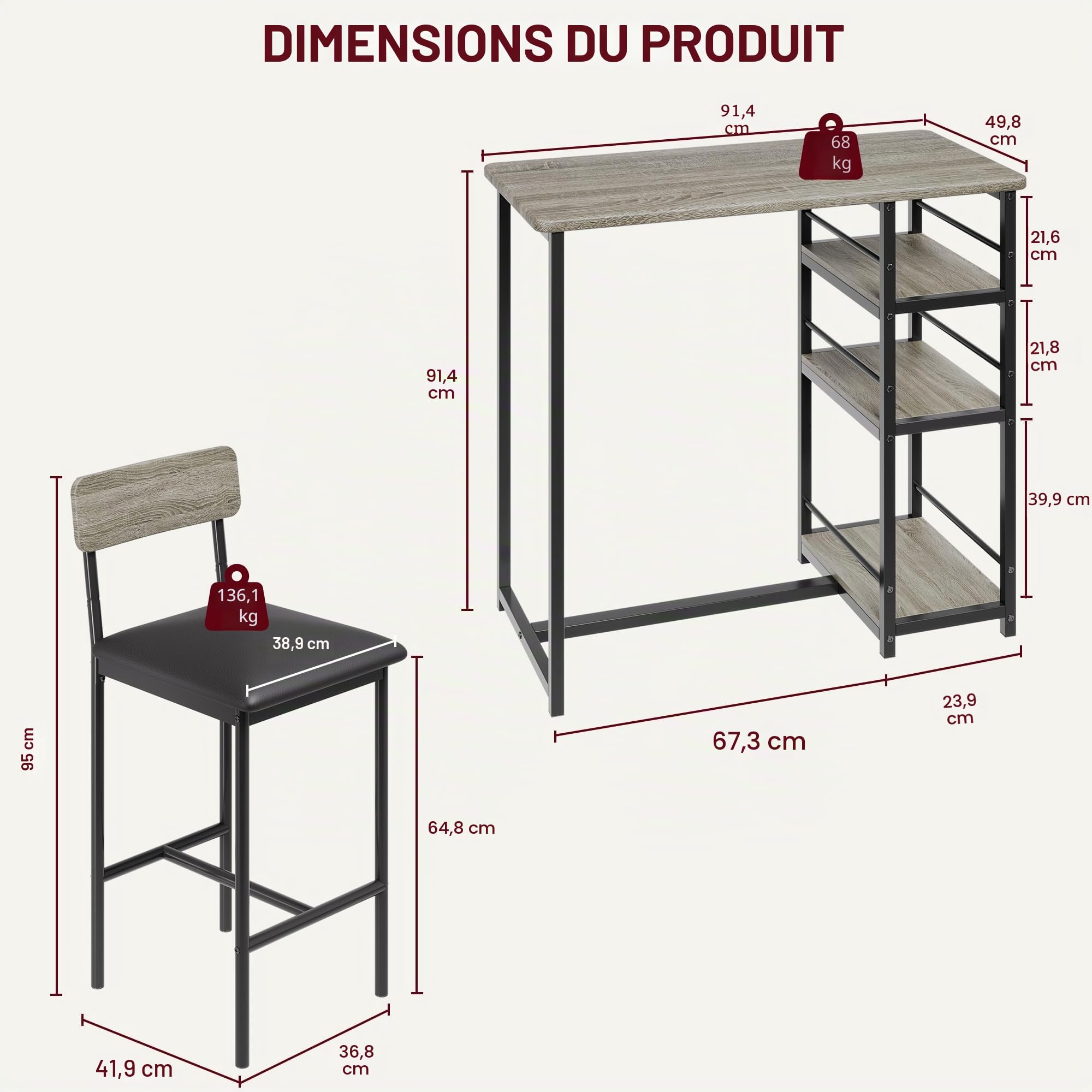 Table Bar Cuisine avec 2 Chaises Rembourré, Table de Bar Bois avec 3 étagères, Ensembles de Salle à Manger pour Cuisine,Petit Espace et Appartement (Gris)