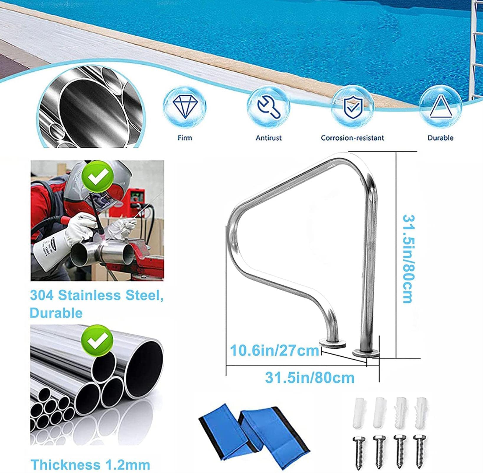 Pasamanos de Piscina de Acero Inoxidable de 80 cm, pasamanos para Piscinas con Base de Montaje rápido