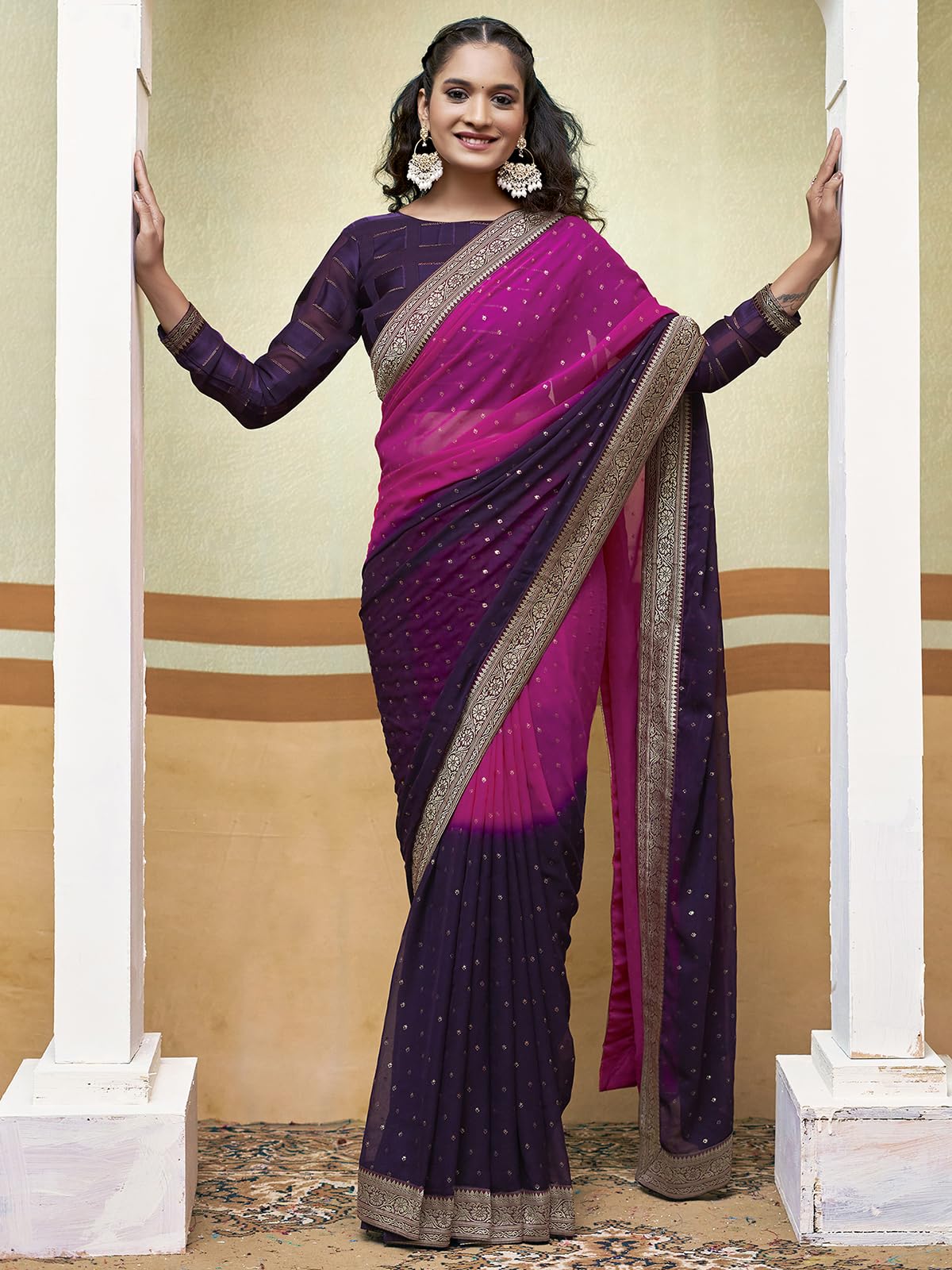 Satrani Women's Georgette Padding Foil Printed Lace Work Saree With Unstitched Blouse Piece (3694S144N_Pink & Wine)