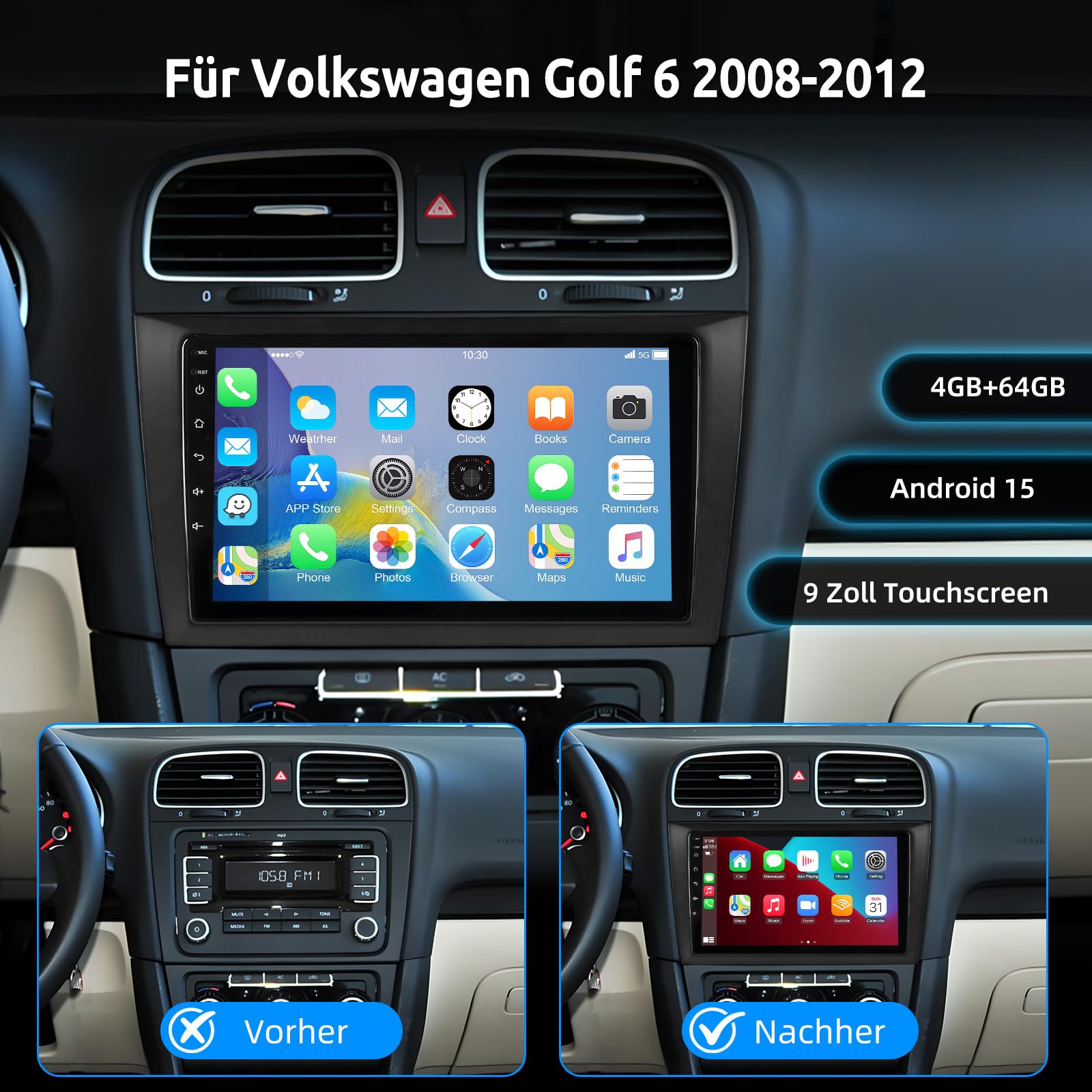 ESSGOO 4+64G Android 15 Autoradio mit Wireless Carplay und Android Auto Für Volkswagen Golf 6 2008-2016, 9 Zoll Auto Radio Display mit Bluetooth,WiFi,GPS, Mirror Link, FM, SWC
