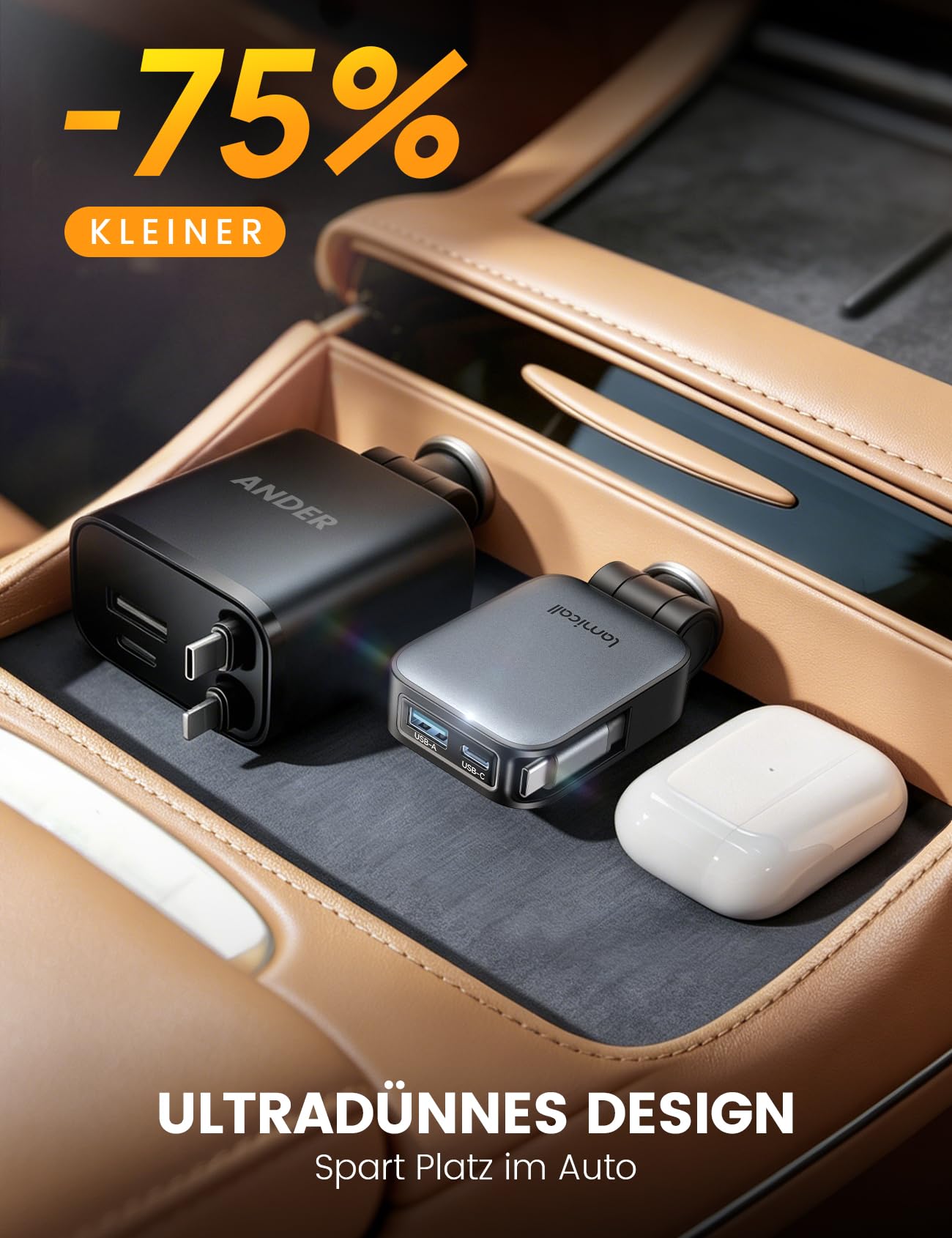 Lamicall 3 IN 1 Zigarettenanzünder USB C Auto Ladegerät - [Ultradünn - Um 75% Kleiner] 63W USB Adapter Auto mit einziehbare Typ-C Kabel/USB C/USB A, 24/12V KFZ Schnellladegerät Auto für iPhone/Samsung