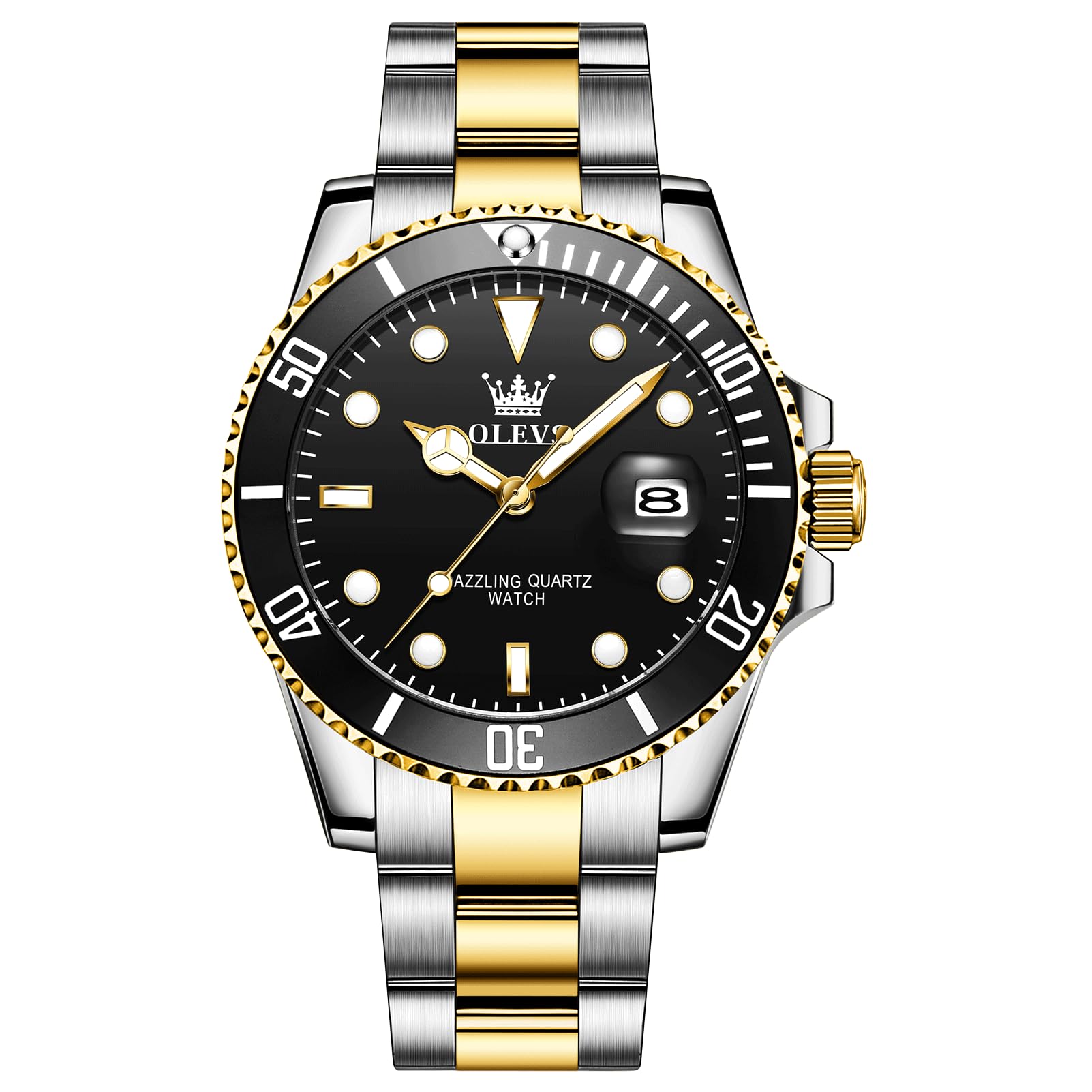 OLEVS Men's Stainless Steel Watch, Big Face Easy to Read Analog Quartz Dress Watches, Classic Rotating Bezel Waterproof Luminous Hands Date Mens Wristwatch