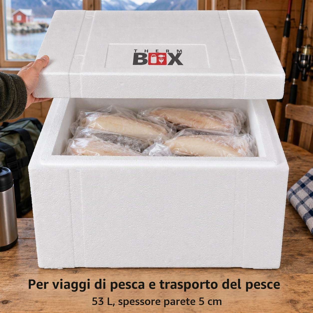 THERM-BOX contenitore in polistirolo 53W Interno: 47x38x29cm Parete: 5cm Volume: 53,24L Contenitore isotermico Box frigo Scatola termica Riutilizzabile