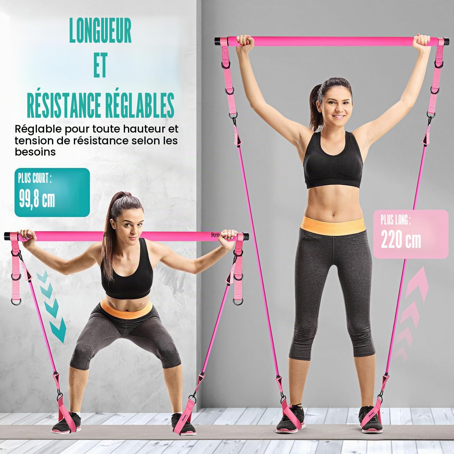 Kit de barre de pilates avec bandes de résistance, équipement d'entraînement Pilates pour jambes, hanches, taille, bras, squats pour entraînements à domicile, kit de barre de pilates réglable à 3