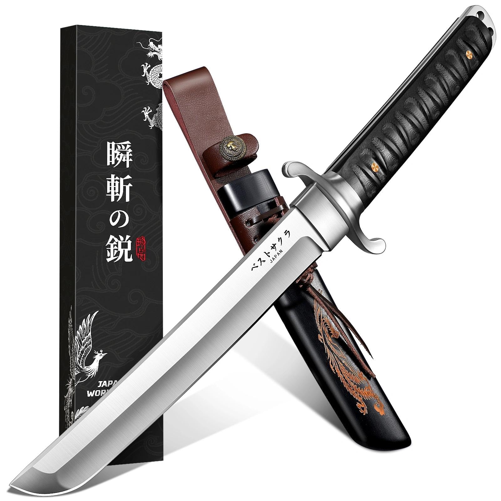 Japaknives Cuchillo de Supervivencia Tanto Japonés para Exteriores Afilado con Funda Acero D2 Hoja Fija de 5 mm de Espesor con Funda Grabada Fénix Coleccionismo Regalo para Hombres