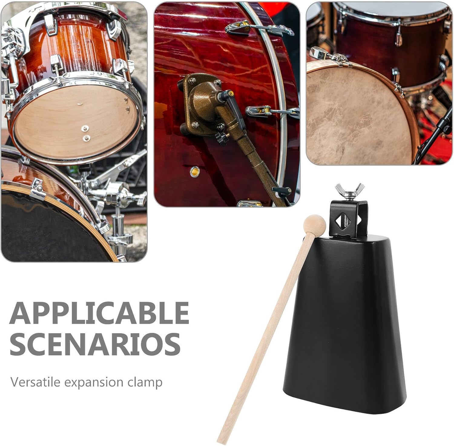 Bass Drum Cowbell Clamp with Adjustable Metal Mounting Clip and 6-inch Cowbell, Hoop Mounted Drum Set Percussion Accessory for Musicians