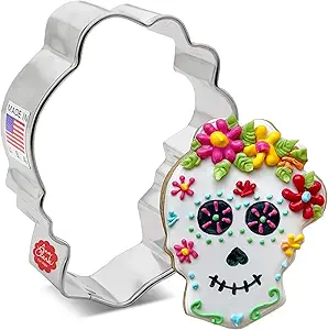 Halloween & Day of the Dead Sugar Skull with Flowers Cookie Cutter 3", Made in USA by Ann Clark