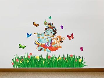 Rawpockets Lord Krishna Flute Singing With Cow And Butterfly Grass Decorative PVC Vinyl Wall Self-Adhesive Sticker (Wall Coverage Area - Height 75 Cms X Width 115 Cms) - image, photos