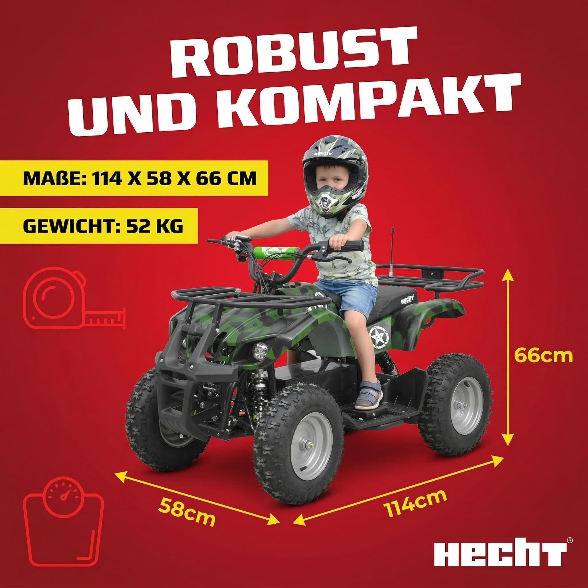HECHT Elektro Kinderquad bis 25 km/h – Offroad Quad für Kinder mit 1000 W Motor, 36 V/12 Ah Blei-Gel-Akku, 3 Fahrstufen, Scheibenbremsen vorn/hinten & verstellbarer Federung (Army)
