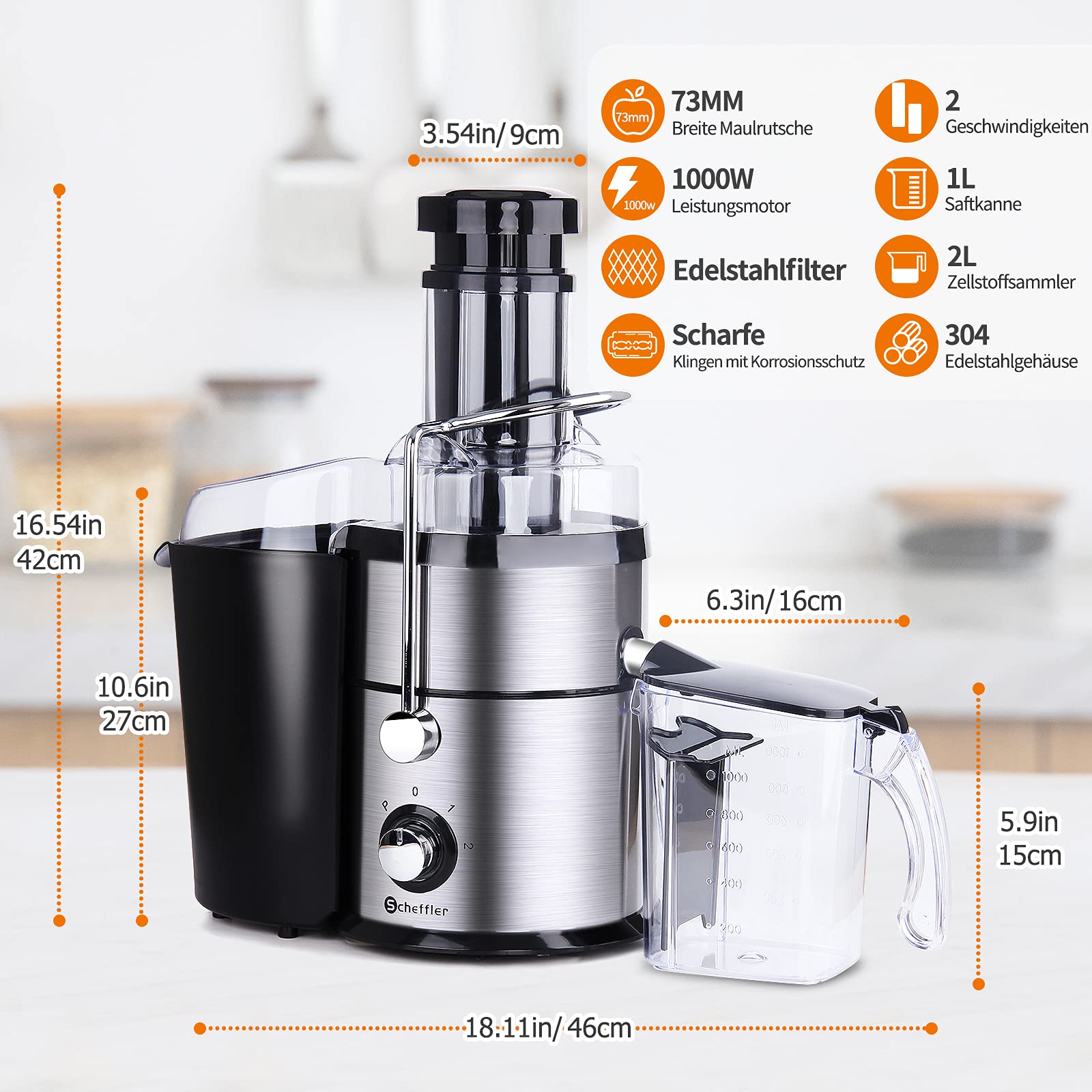 Scheffler Edelstahl-Entsafter für Obst und Gemüse, 1000W Zentrifugaljuicer mit 1L Saftkanne, 2 Geschwindigkeitsstufen, 73mm Füllöffnung