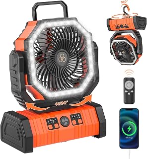 20000mAh Auto-Oscillating Battery Operated Fan with Remote/Hook/Timer, 58H | Rechargeable Camping Fan with LED Lantern, 8” Portable Fan for Picnic, Fishing,Tent, RV, Power Outages, Hurricane(Orange)