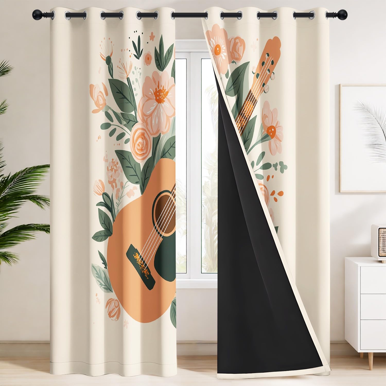 Generico Zasłony wewnętrzne 150 x 200 cm - brzoskwiniowa róża gitara w stylu vintage zielone gałęzie, casual, boho, instrument muzyczny | zasłony zaciemniające z izolacją termiczną i dźwiękoszczelną