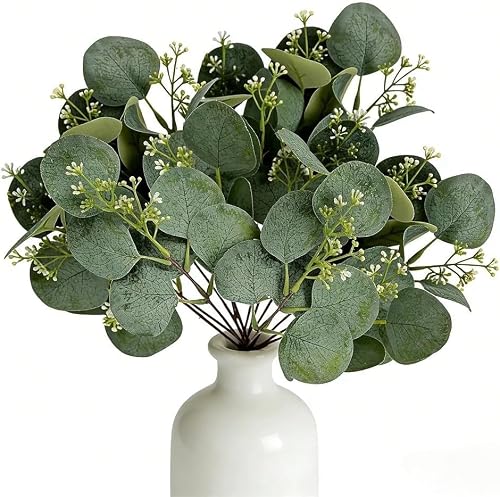 Minwegi Green 12Pcs Artificial Eucalyptus Stems With Flowers - 28Cm Realistic Round Leaf Fake Plants For Home Decor, Wedding Centerpiece, Vase Filler (Green)