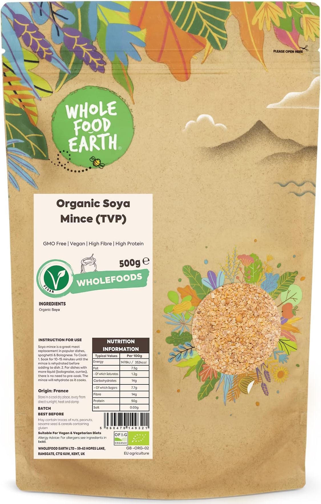 Wholefood Earth Organic SOYA Mince (TVP) 500g GMO Free | Vegan | High Fibre | High Protein | Certified Organic