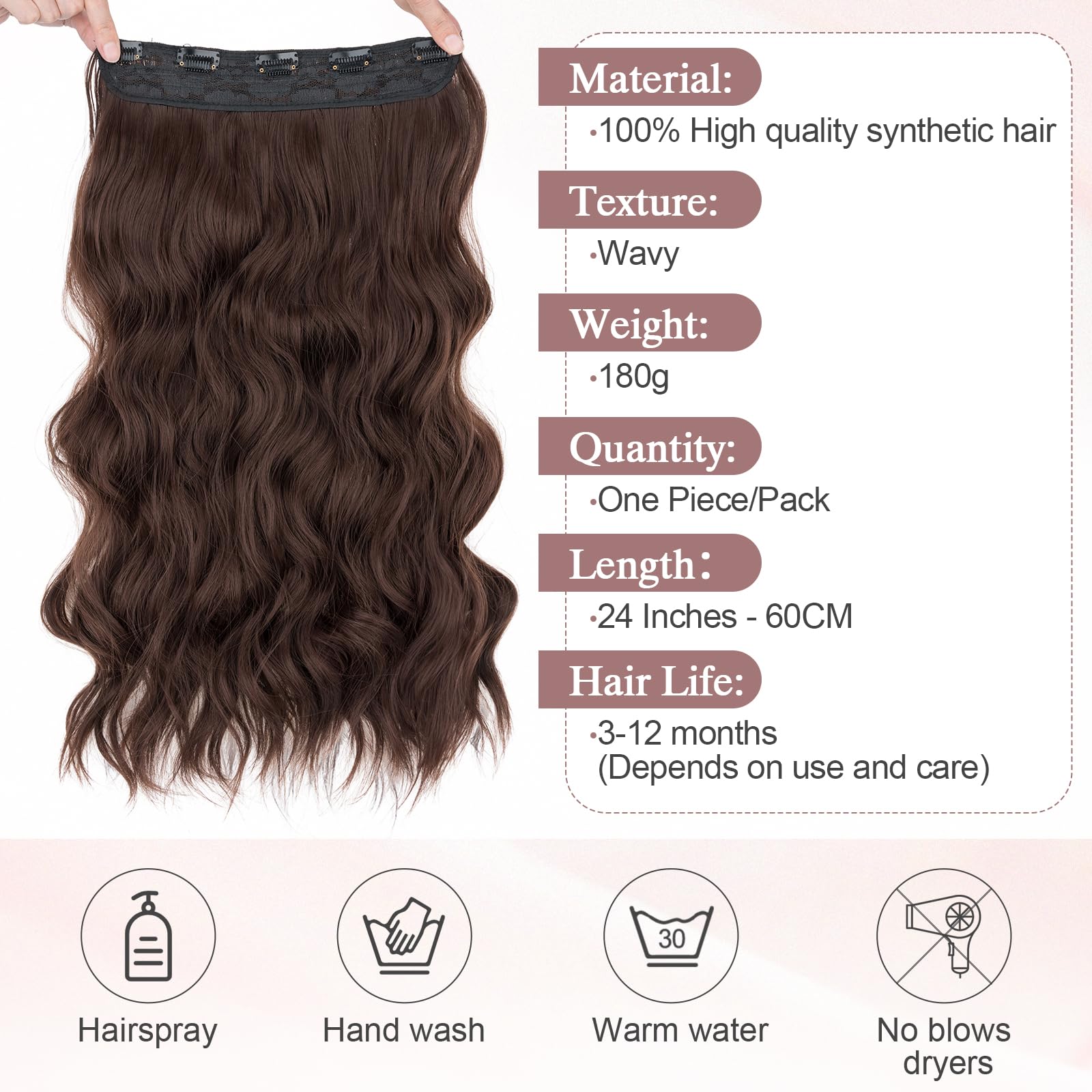 SEGO 3/4 Full Head Clip in Hair Extensions Long Wavy Synthetic Hairpiece 20 Inch One Piece Clip In Hairpiece With 5 Secure Clips - Image 3