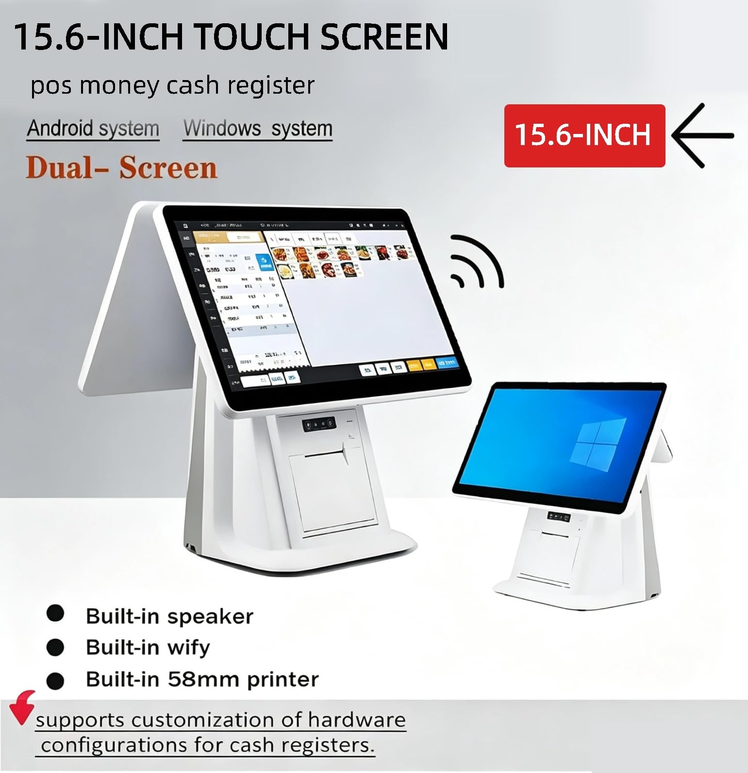 Terminale di pagamento del negozio al dettaglio, macchina POS touch screen con schermo da 15,6 pollici, stampante termica da 58 mm, 8 GB di RAM, SSD da 128 GB per piccole imprese