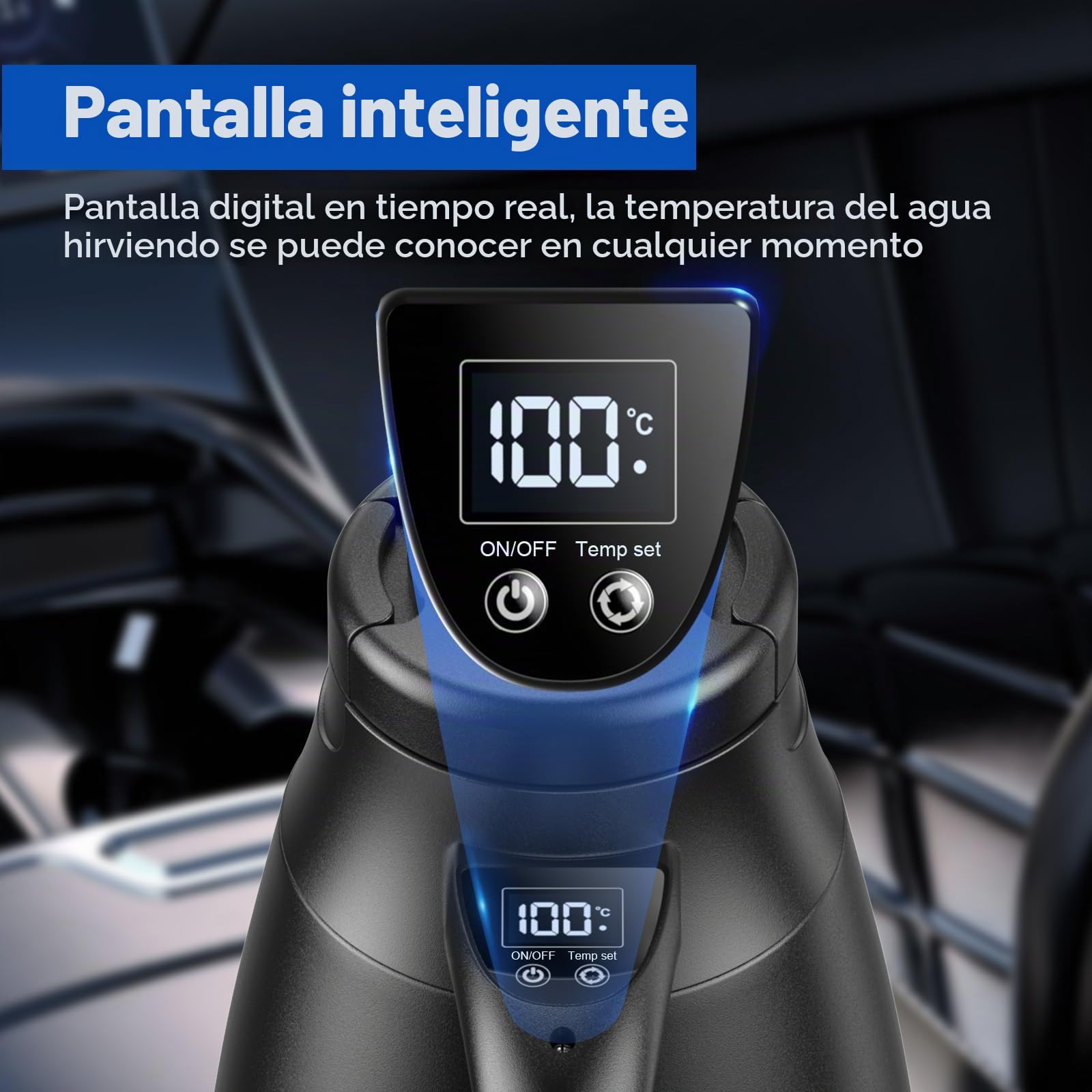 Hervidor de agua de viaje para coche, 12 V/24 V, 1,2 litros, de acero inoxidable, eléctrico, portátil, con encendedor de cigarrillos, hasta 100 ℃ con pantalla LCD para agua caliente, café, té, coche
