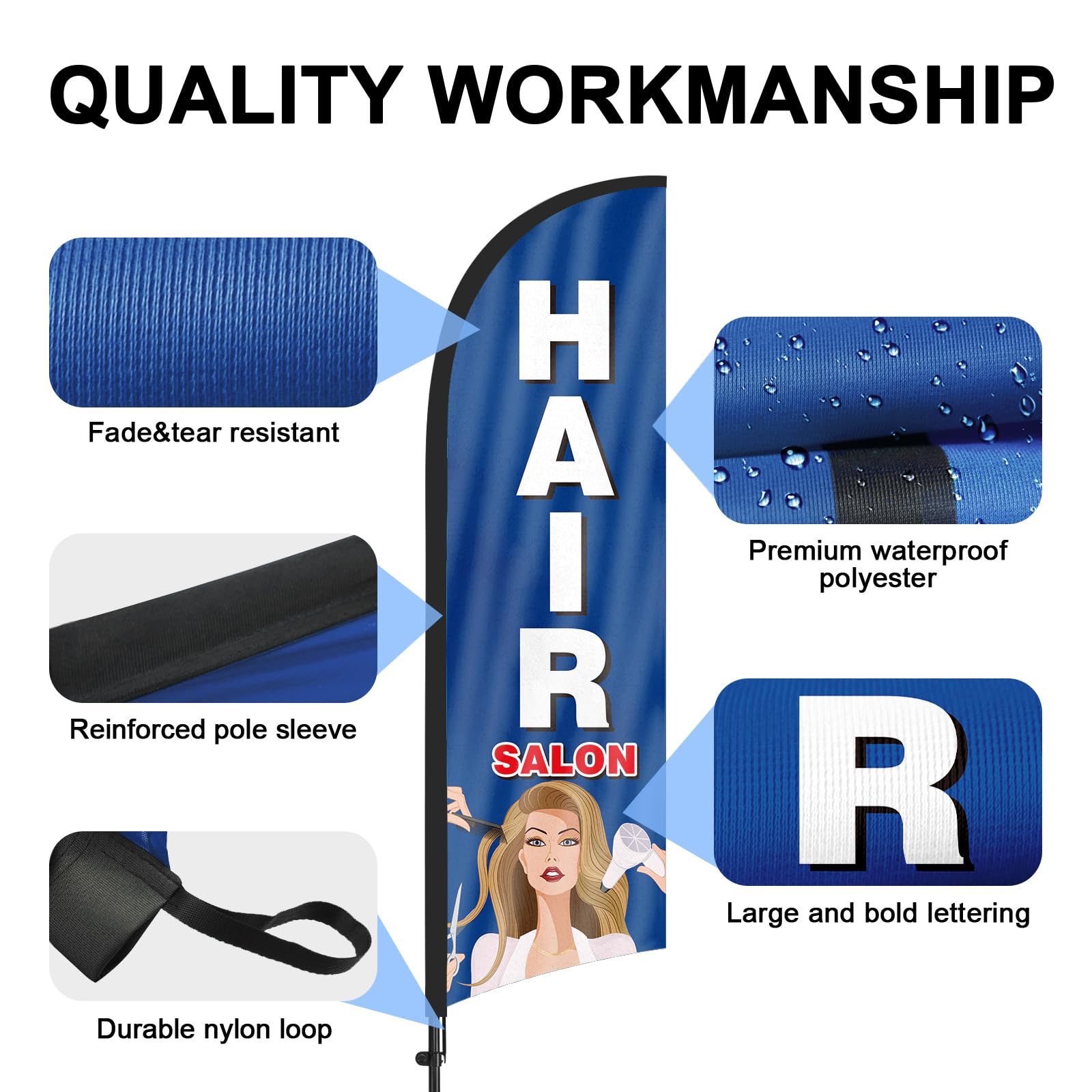 Bandera de plumas de peluquería con kit de mástil de bandera y estaca para el suelo, bandera sin viento de 8.2 pies para peluquería, letrero de negocios para publicidad al aire libre